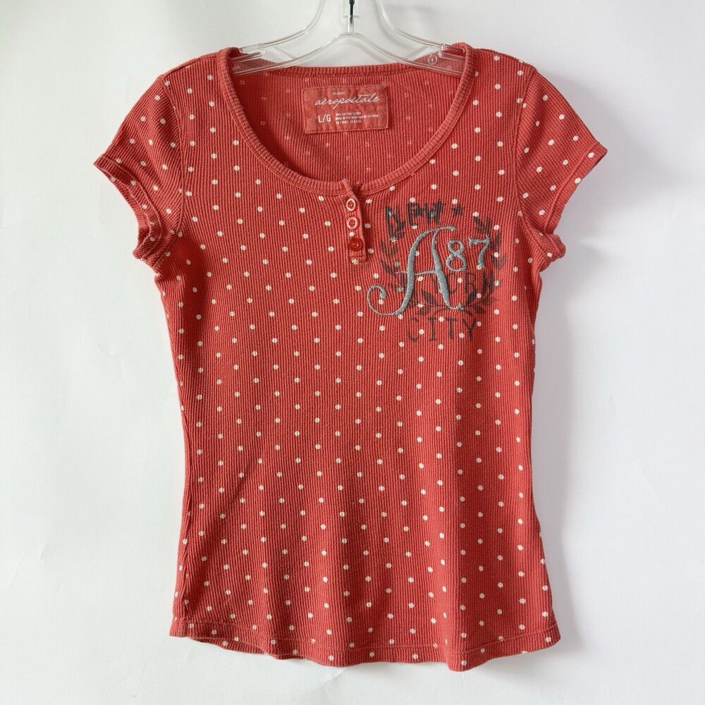 Aeropostale Girls L Orange Polka Dot Henley Waffle Weave Crew Shirt Embroidered